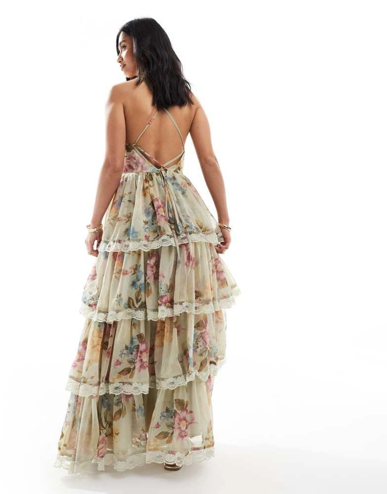 Miss Selfridge Miss Selfridge Petite race day chiffon tiered maxi dress in green floral print 4