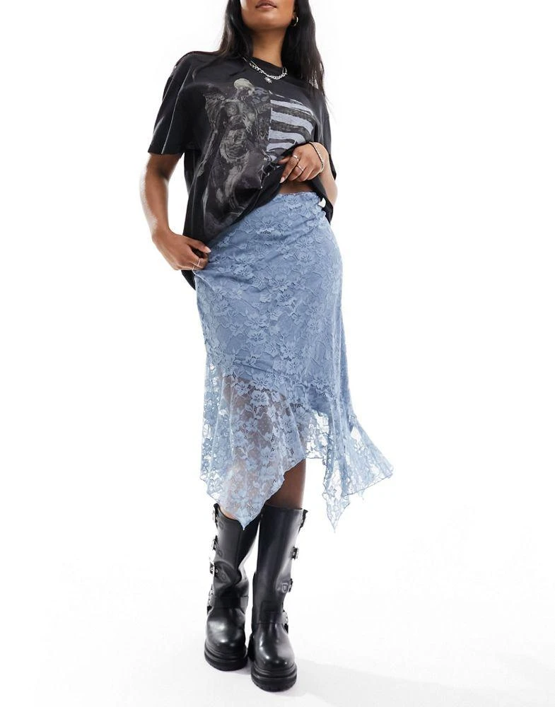 Monki Monki midi knee length lace asymmetric skirt with lining in navy 1