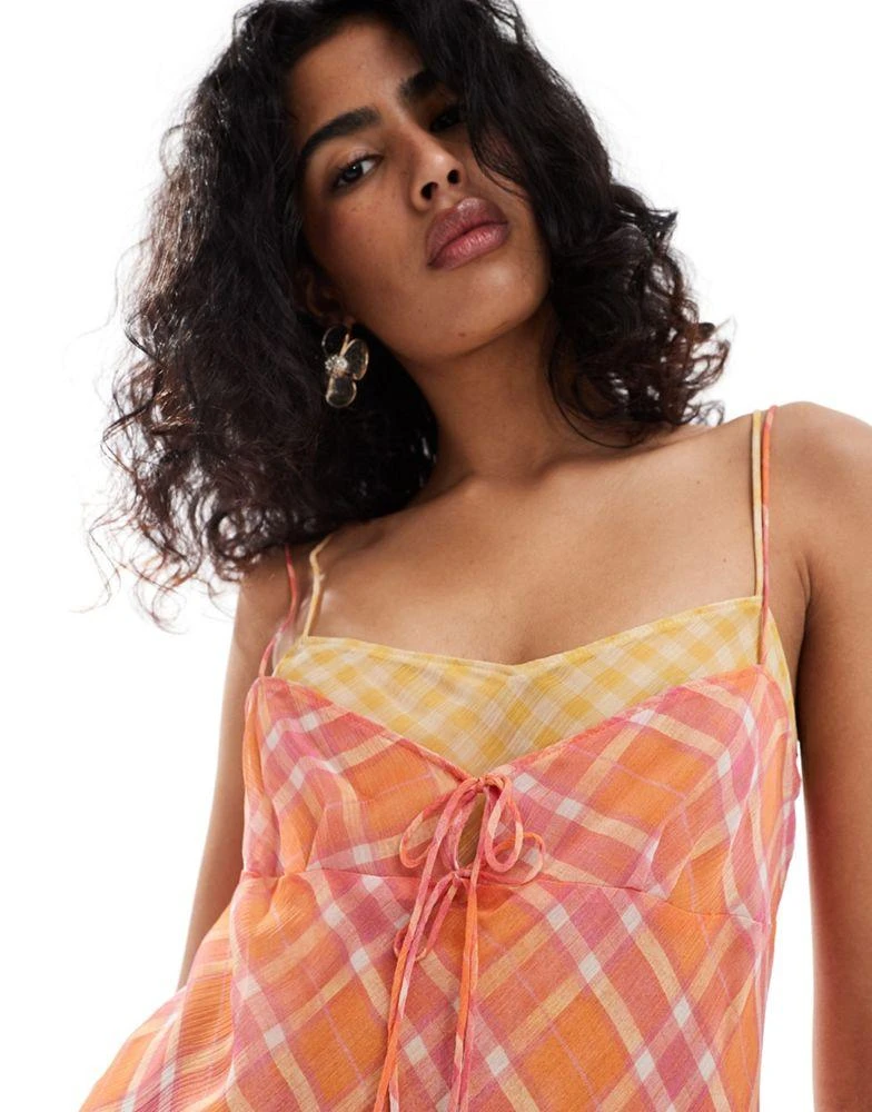 Mango Mango check tie front mini dress in orange and pink 3