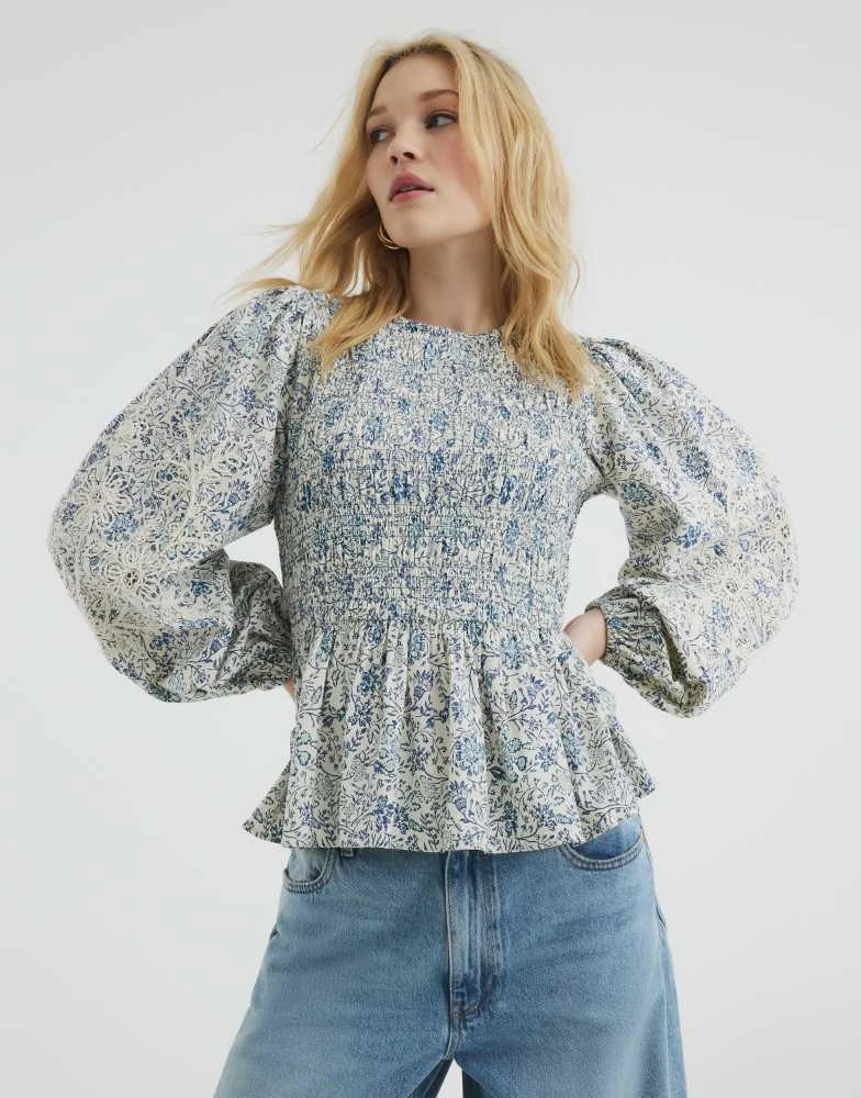 River Island River Island long sleeve shirred top in blue 1