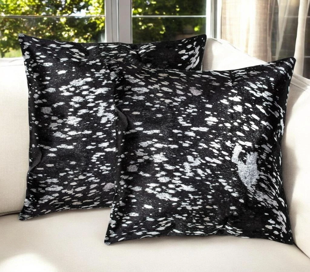 Hivvago Set of Two 18" Black and Silver Abstract Cowhide Throw Pillows with Glitter