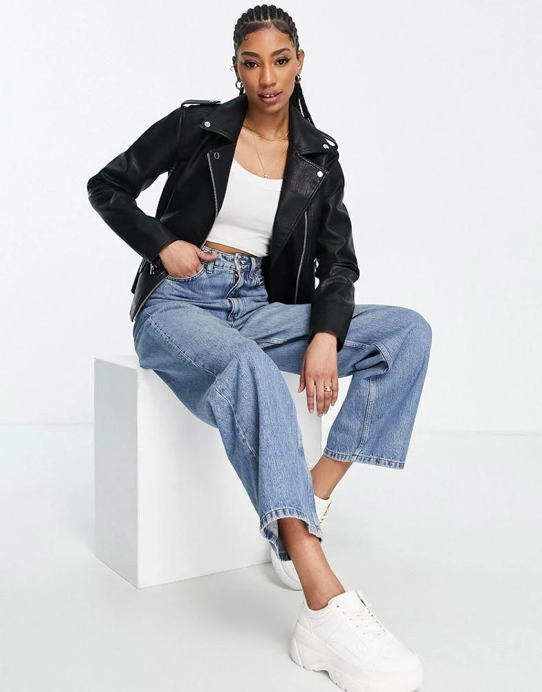 Topshop Tall Topshop Tall faux leather biker jacket in black 4