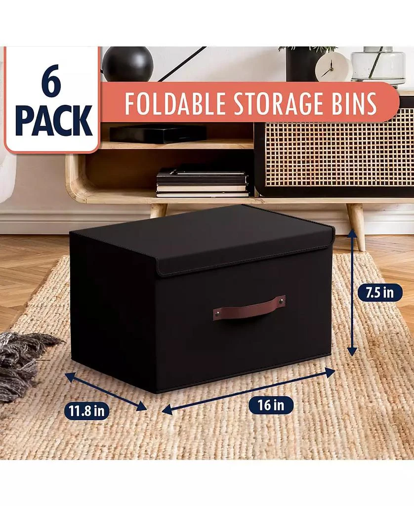 Ornavo Home 6 Pack Foldable Linen Storage Bin with Faux Leather Handles and Lid 2