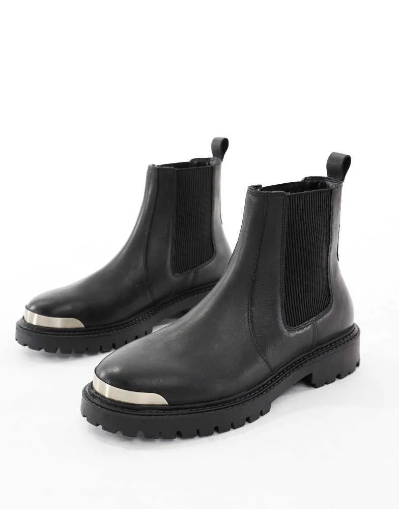 Shop ASOS DESIGN chelsea boots in black leather with metal  display picture 3