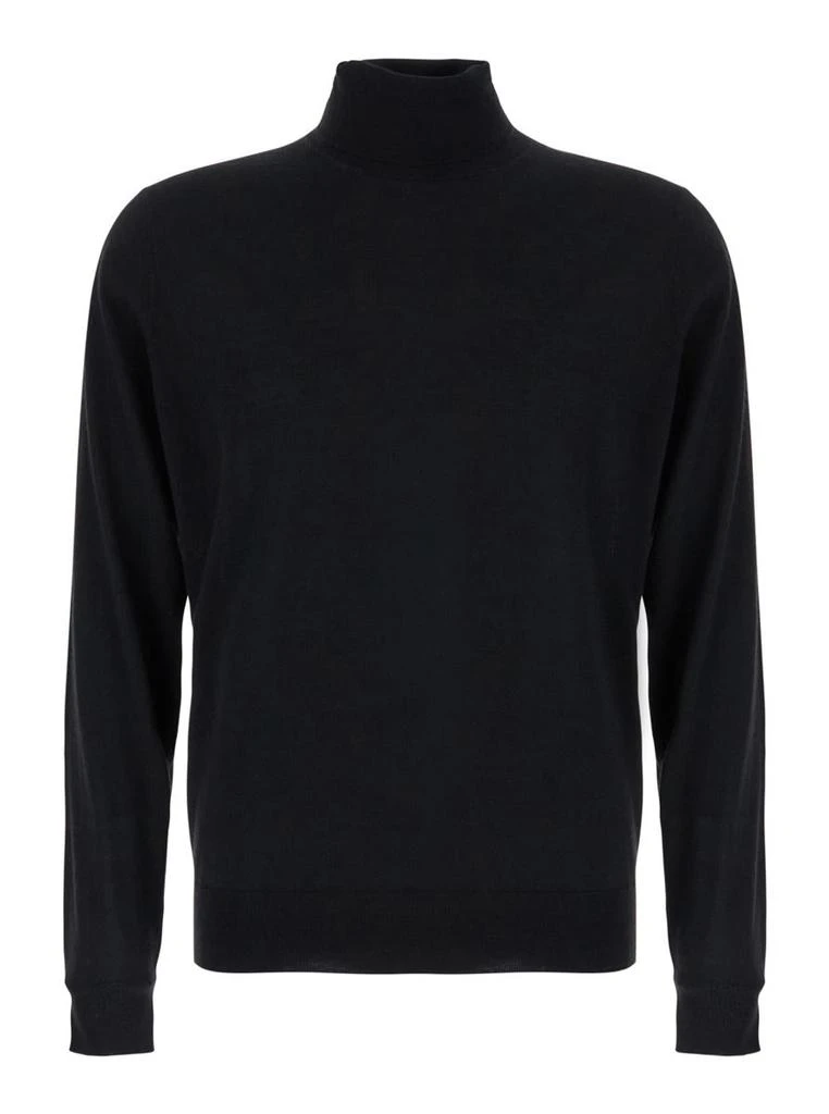 Plain Black Turtleneck Sweater In Merino Wool And Silk Blend Man 1
