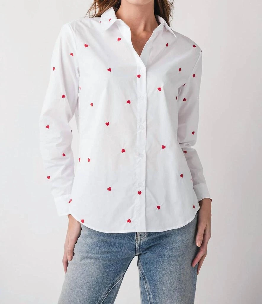 SKIES ARE BLUE Embroidered Heart Button Down Top In White/red 1