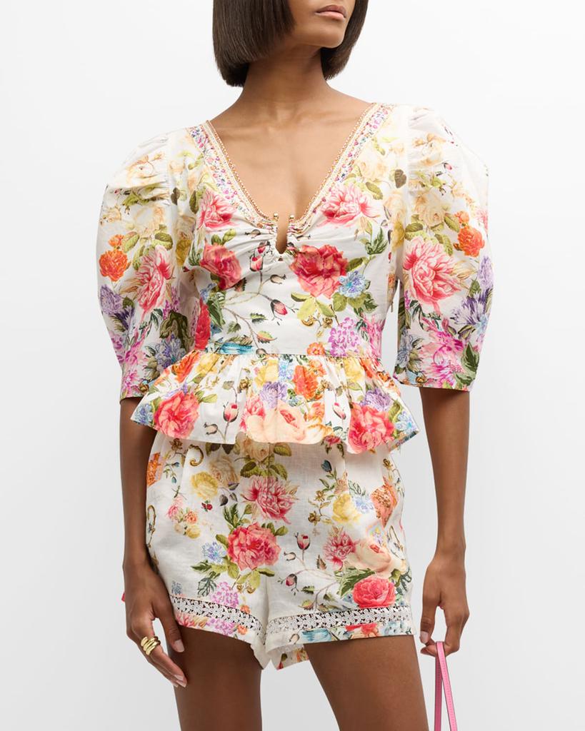 Camilla Puff-Sleeve Floral Cotton Top with Hardware