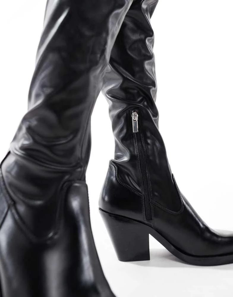Bershka Bershka over the knee faux leather heeled boots in black 4