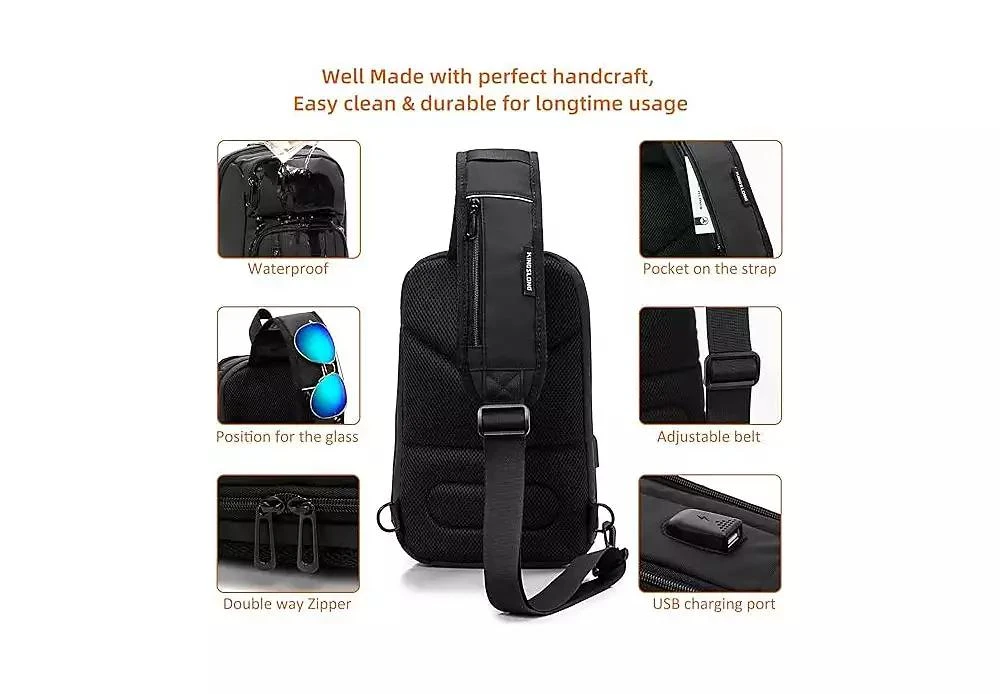 Wosofe 14 inch Sling Bag for Men,Black Crossbody Bag with USB Charging Port Fits 10.2inch iPad, Casual 4