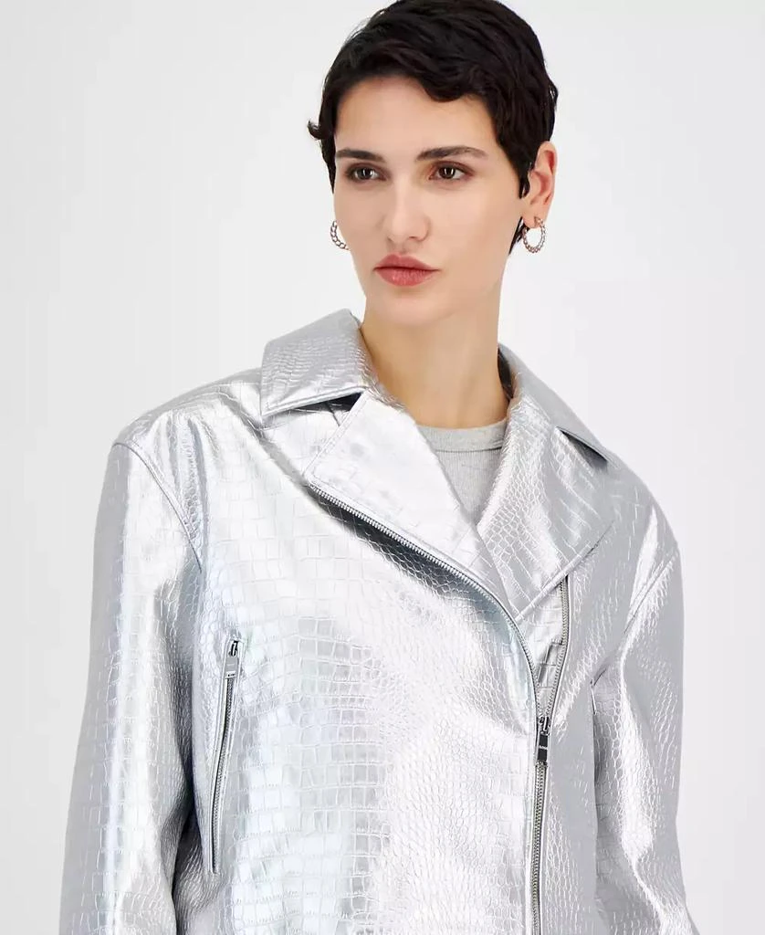 Hugo Boss Women's Metallic Croc-Embossed Moto Jacket 4