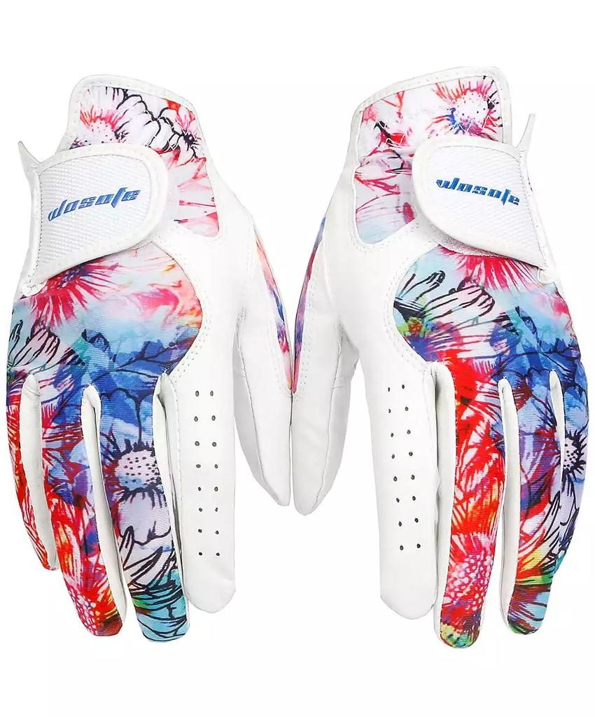 Wosofe Golf Glove Women Ladies Pair Cool Leather Both Hand Summer Floral Colorful Breathable Sport Gloves X-Large