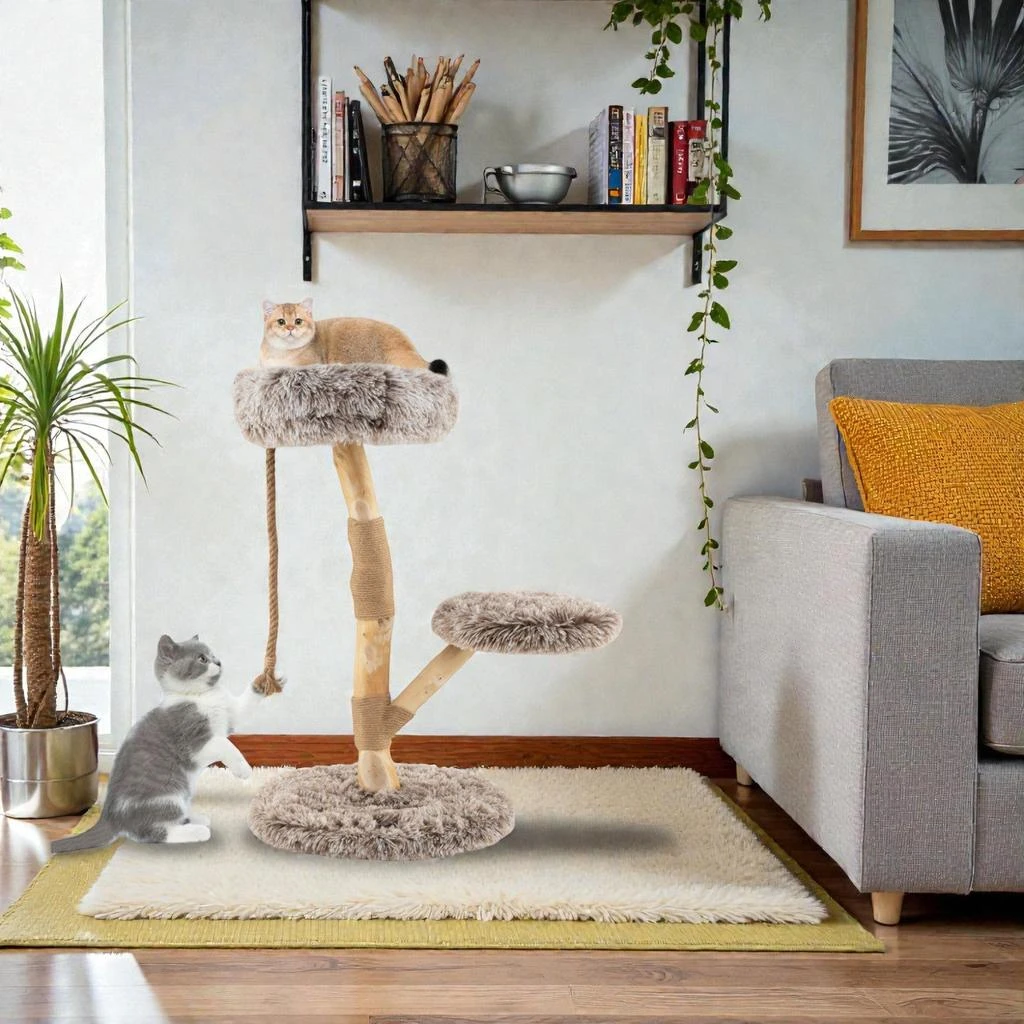 Hivvago Contemporary Wood Cat Tower with Elevated Perch and Jute-Wrapped Scratch Posts