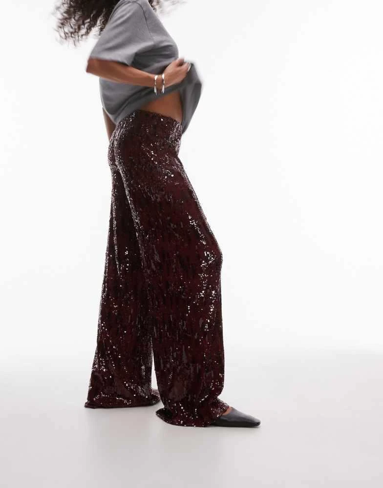 Topshop Topshop sequin wide leg trouser in burgundy 1