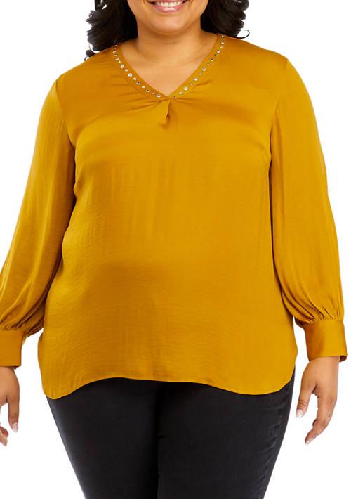 Carmen Marc Valvo Marc Valvo Plus Size Long Sleeve V Neck Blouse With Studs