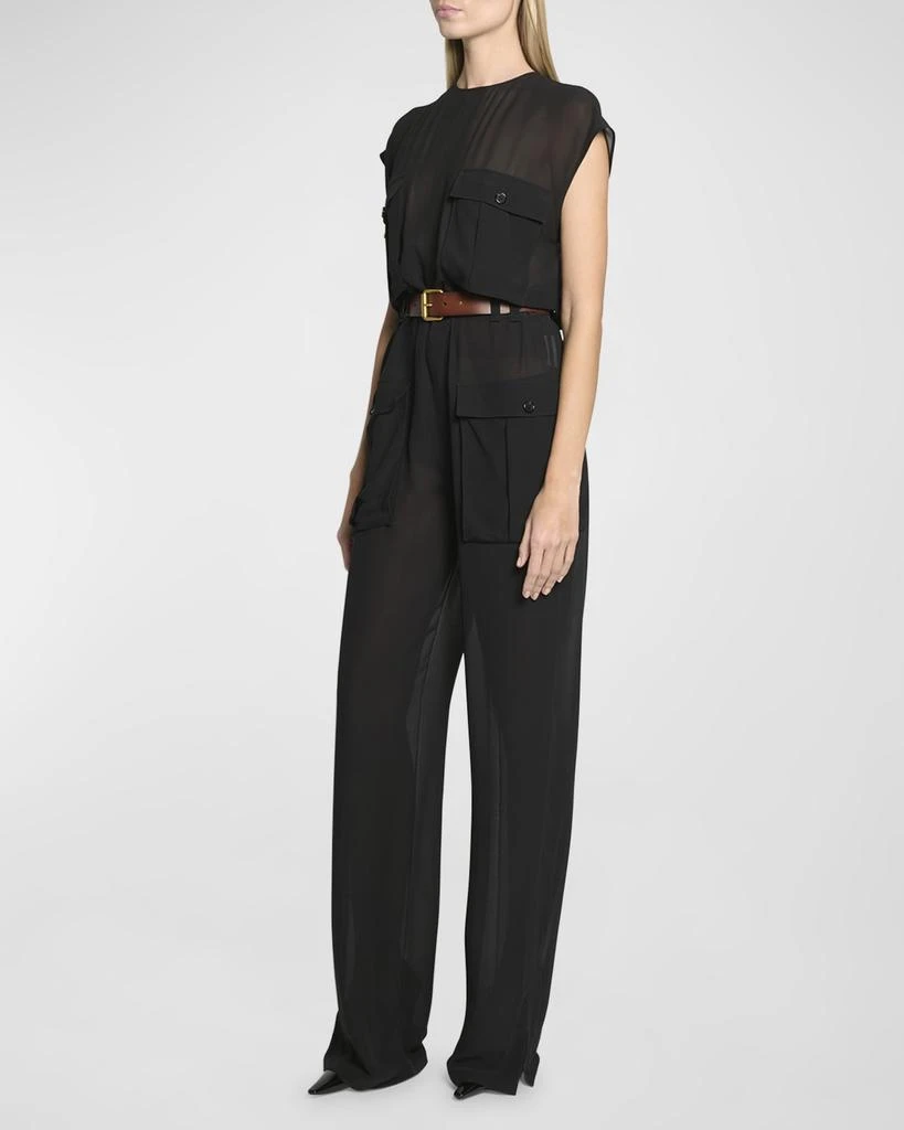 Yves Saint Laurent Combinaison Sleeveless Belted Silk Chiffon Utility Jumpsuit 2