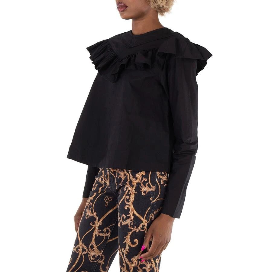 Ganni Cotton Poplin Frill Blouse In Black 3