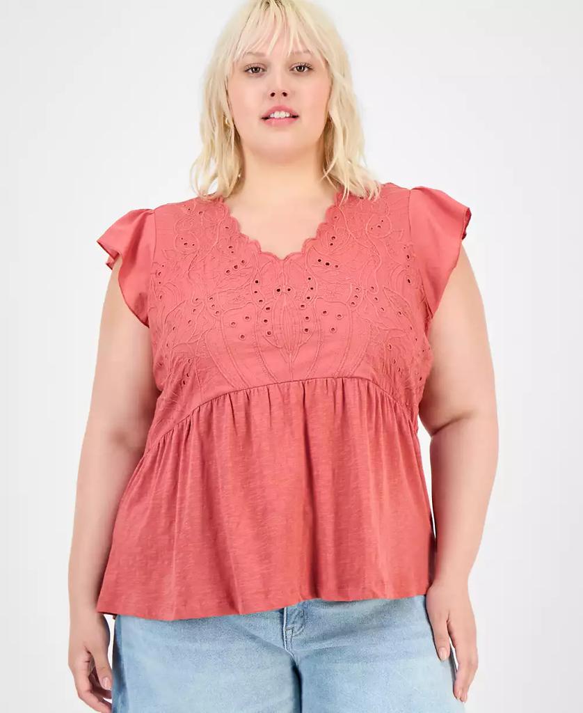 Democracy Trendy Plus Embroidered Flutter Sleeve Blouse