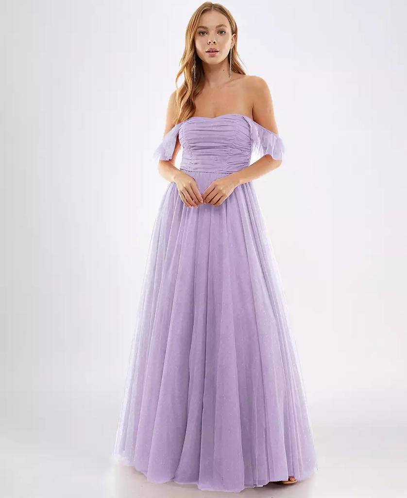 City Studios Juniors' Off-The-Shoulder Glitter Ball Gown