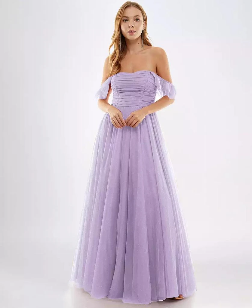 City Studios Juniors' Off-The-Shoulder Glitter Ball Gown 1