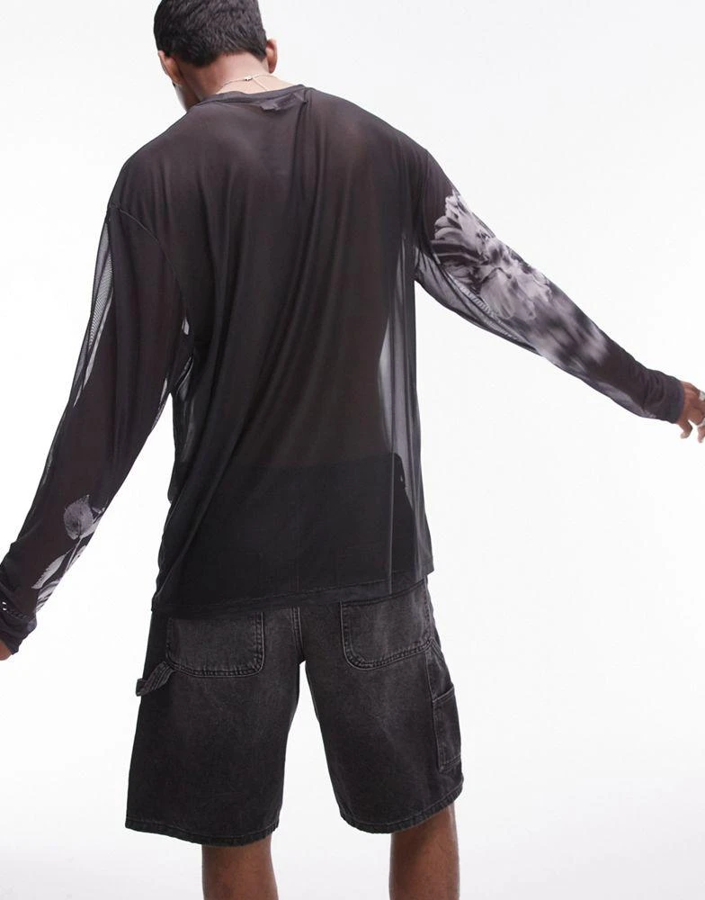 Topman Topman oversized fit long sleeve mesh t-shirt with floral print in black 4