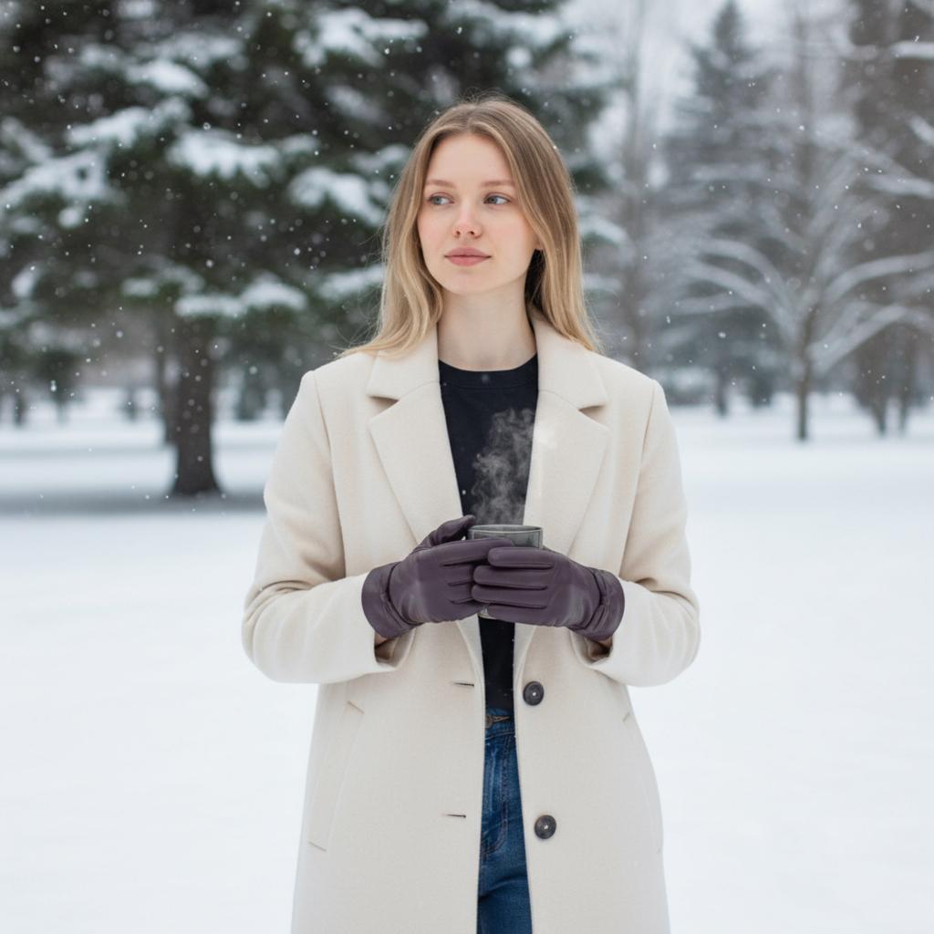 Infinity Leather Womens Purple Italian Leather Soft Wool Lining Winter Bow Design Driving Gloves