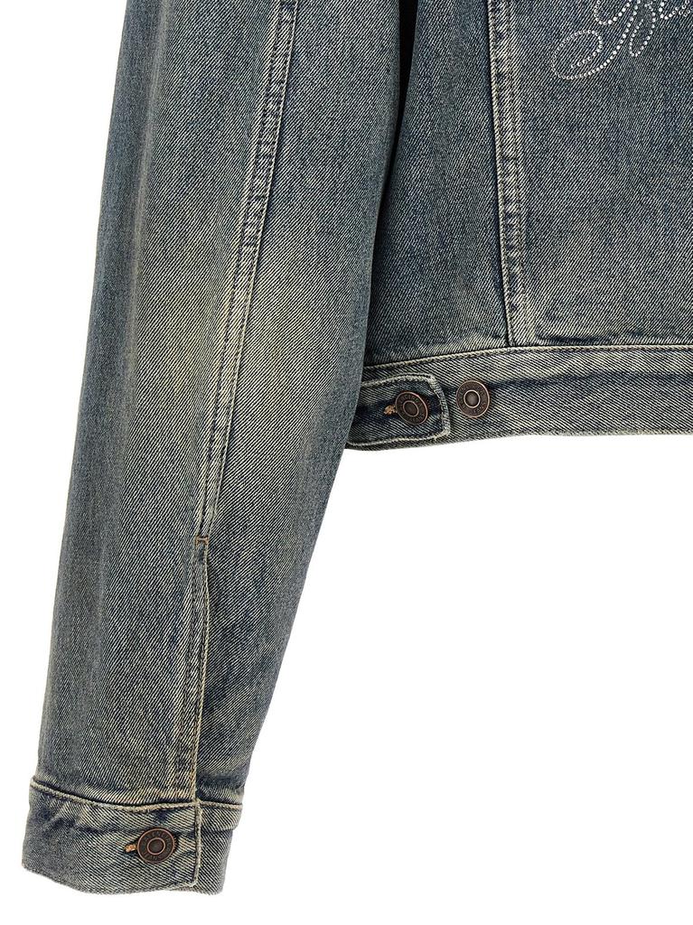Shop Balenciaga Logo Rhinestone Embellished Denim Jacket on
