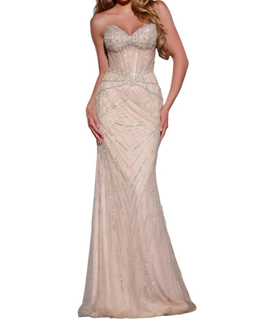 Jovani Jovani - Strapless Beaded Gown With Sheer Corset Top