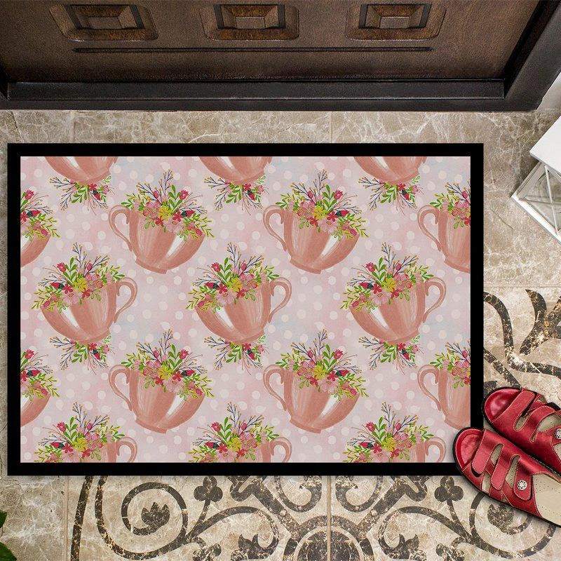 Caroline's Treasures 24 in x 36 in Tea Cup and Flowers Pink Door Mat Indoor/Outdoor 2