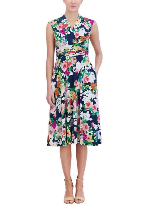 Jessica Howard Howard Womens Sleeveless V Neck Floral Print Fit And Flare Dress 1