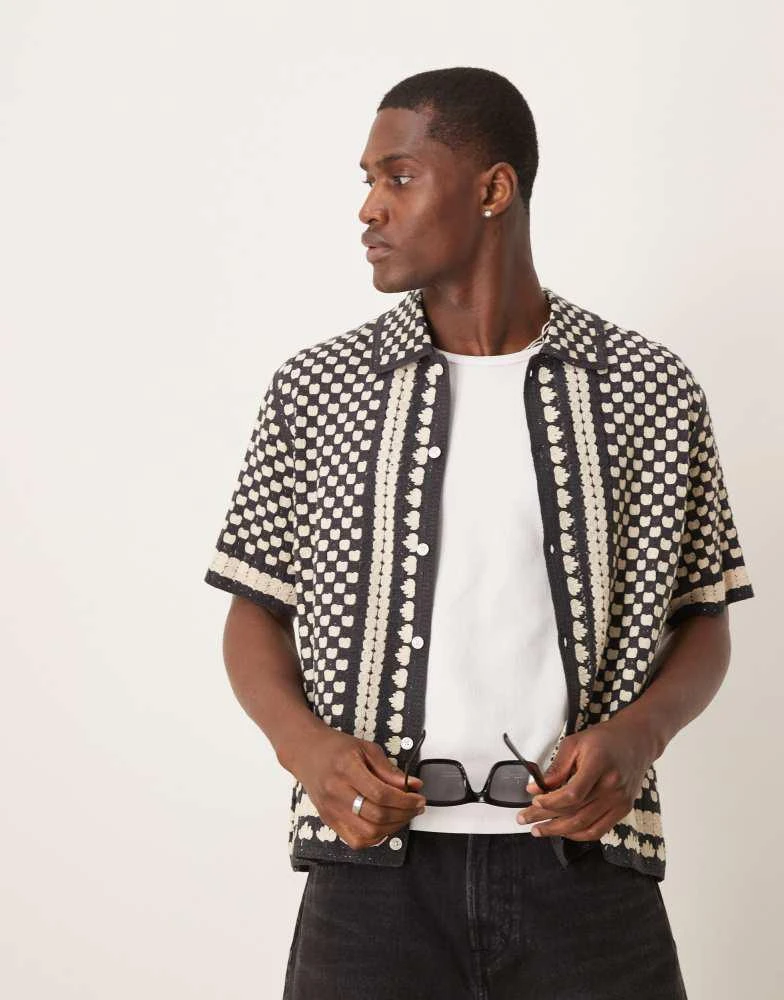 Abercrombie & Fitch Abercrombie & Fitch crochet knitted abstract  shirt in black multi 1