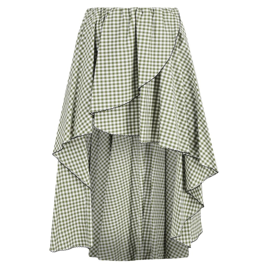 CAROLINE CONSTAS Adelle Gingham Midi Asymmetric Skirt in Green Cotton