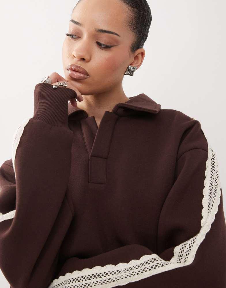 Reclaimed Vintage Reclaimed Vintage lace trim polo sweatshirt co-ord in brown