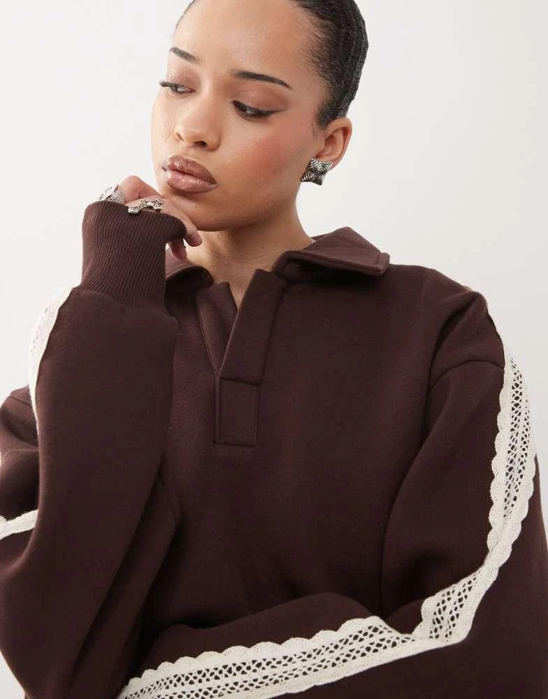Reclaimed Vintage Reclaimed Vintage lace trim polo sweatshirt co-ord in brown 2