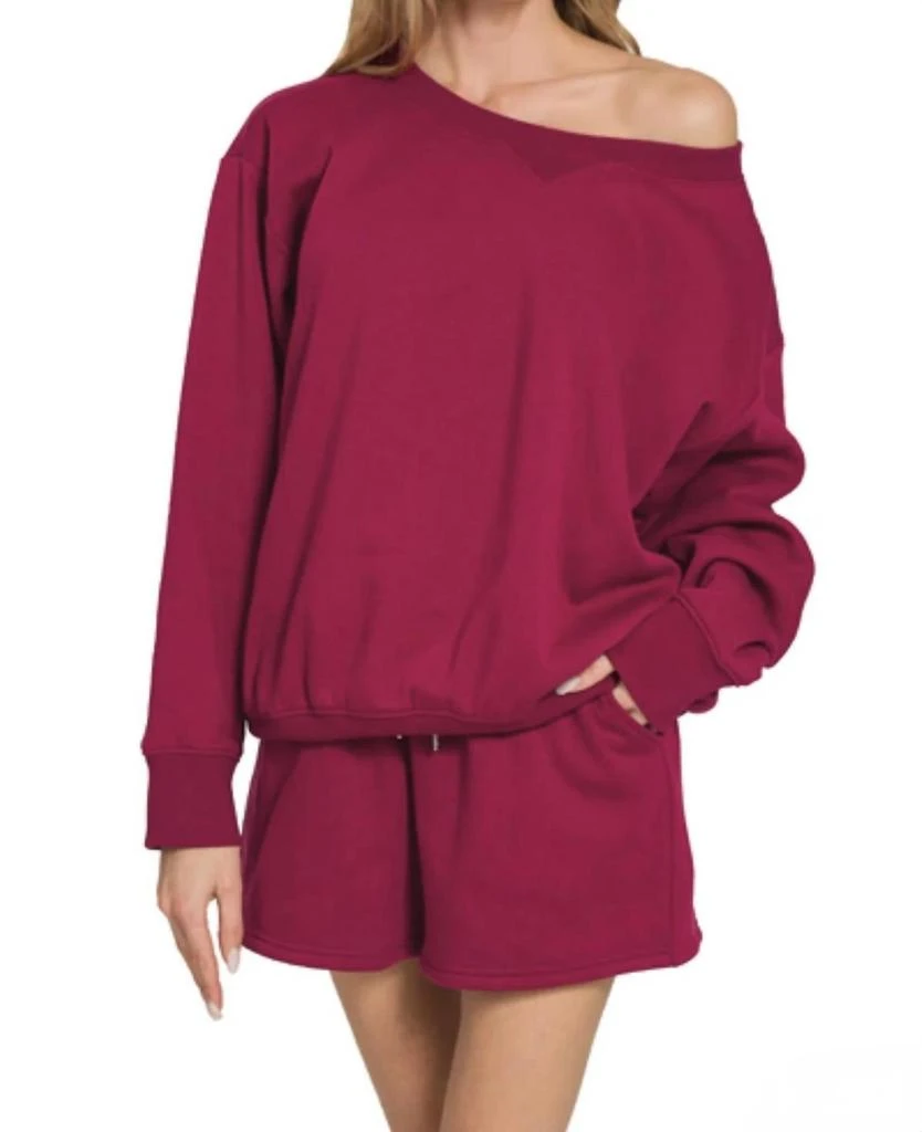 ZENANA Two Piece Fleece Loungewear Set In Cabernet
