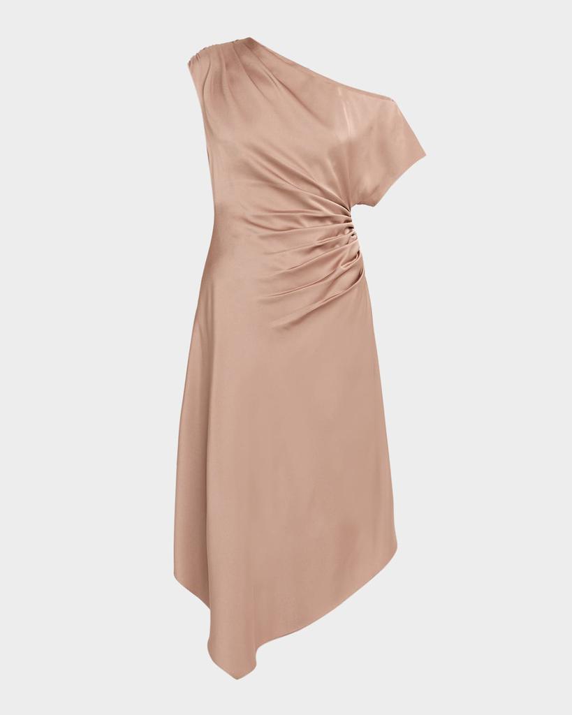 Aidan Mattox Draped One-Shoulder Crepe Back Satin Midi Dress