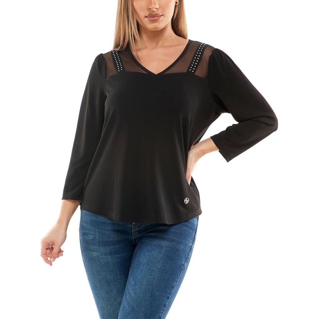 Adrienne Vittadini Womens Hi Low Mesh Pullover Top