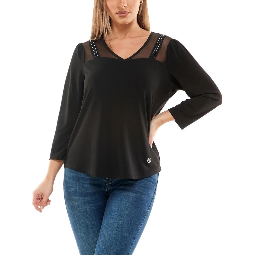 Adrienne Vittadini Womens Hi Low Mesh Pullover Top 1