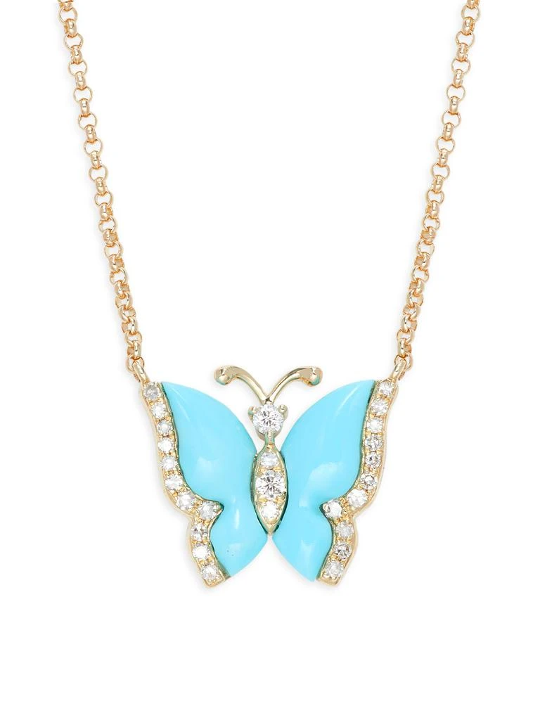 Effy 14K Yellow Gold, Turquoise 
0.11 TCW Diamond Butterfly Pendant Necklace