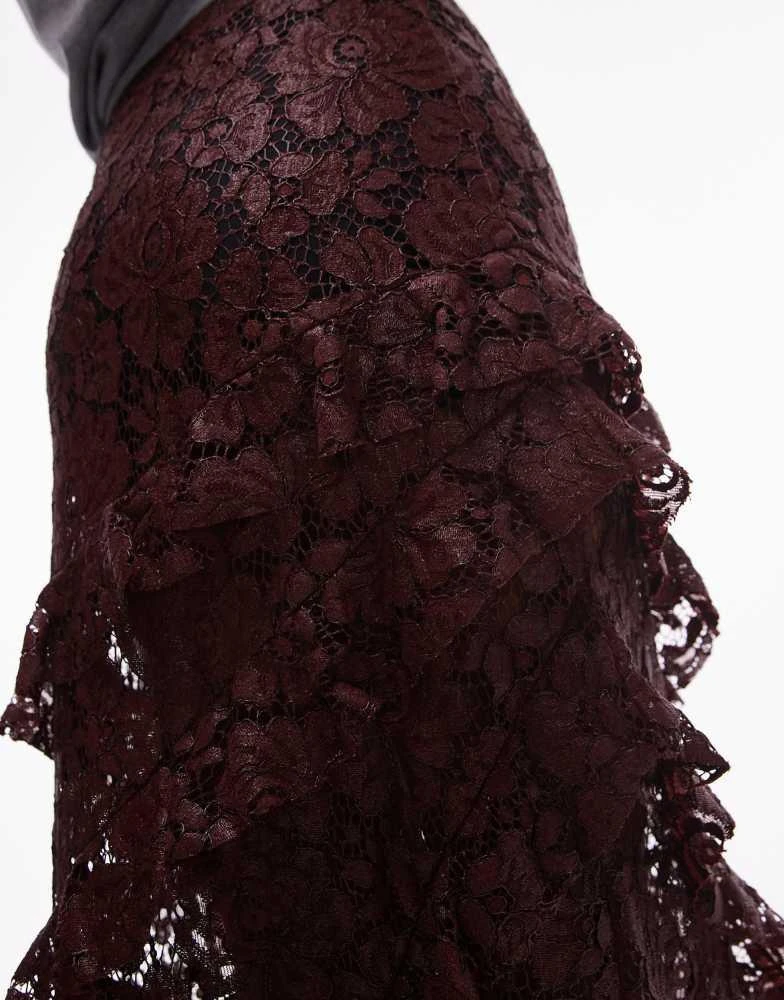 Topshop Topshop sheer lace ruffle maxi skirt in burgundy 5