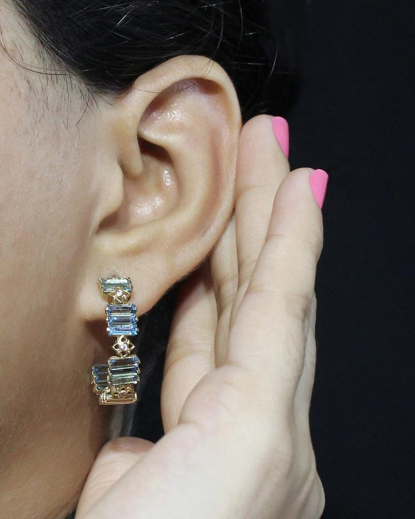 Stephen Dweck 18K Yellow Gold Diamond and Baguette Swiss Blue Topaz Hoop Earrings