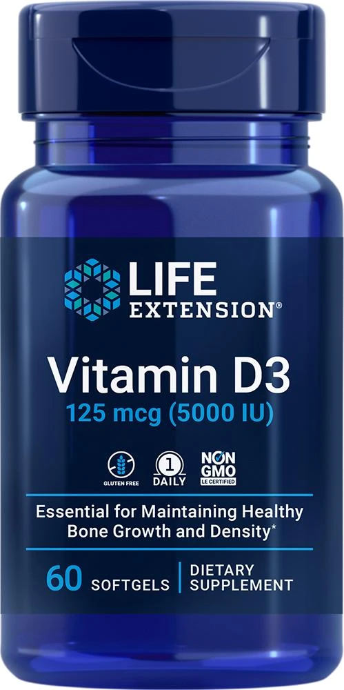 Life Extension Life Extension Vitamin D3, 5000 IU, 60 softgels - 125 mcg (125 mcg (5000 IU), 60 softgels) 1