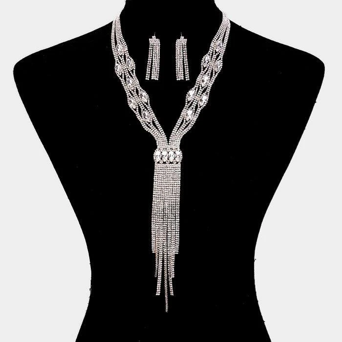 FASHNZFAB Rhinestone Trim Crystal Oval Fringe Necklace 3