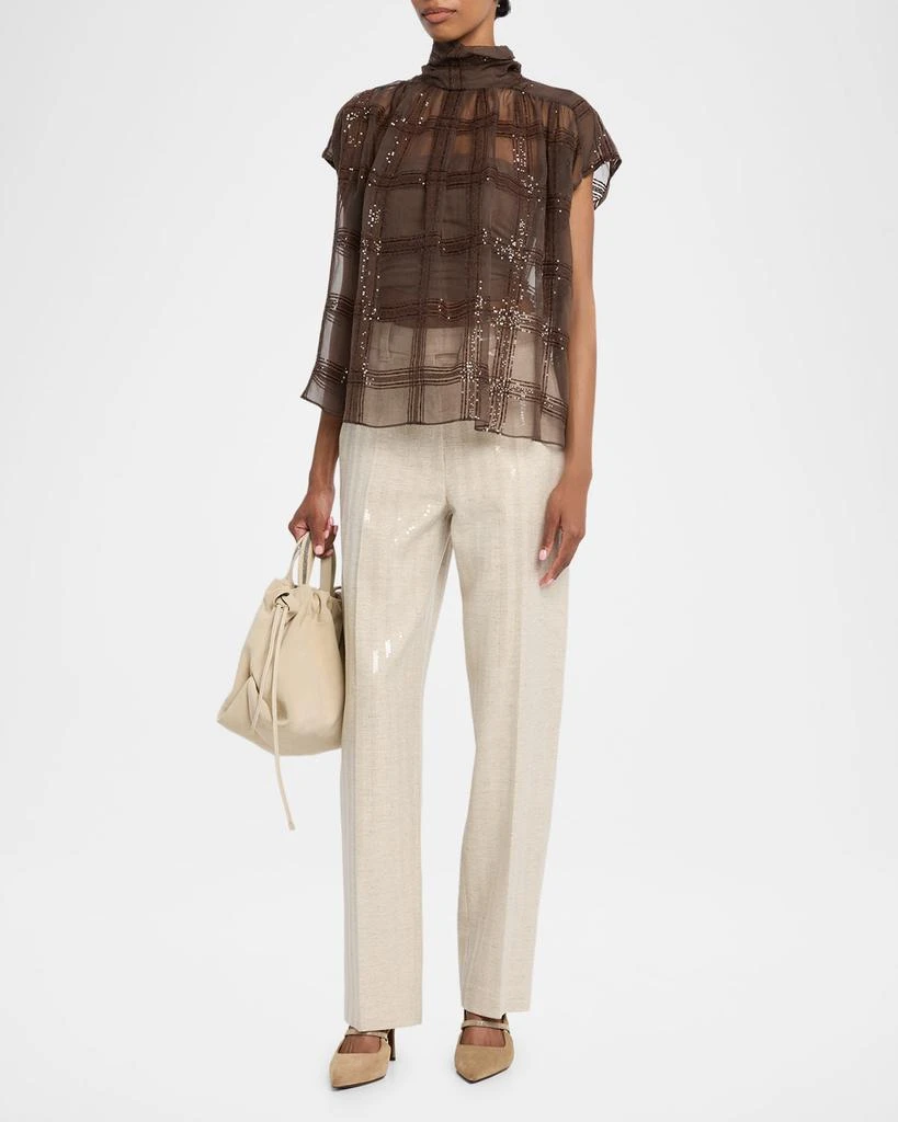 Brunello Cucinelli Prince Of Wales Paillette Crispy Silk Chiffon Blouse 2