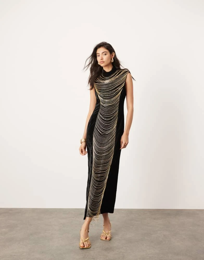 ASOS ASOS EDITION velvet embellished contour draped fringe high neck midi dress in black 2