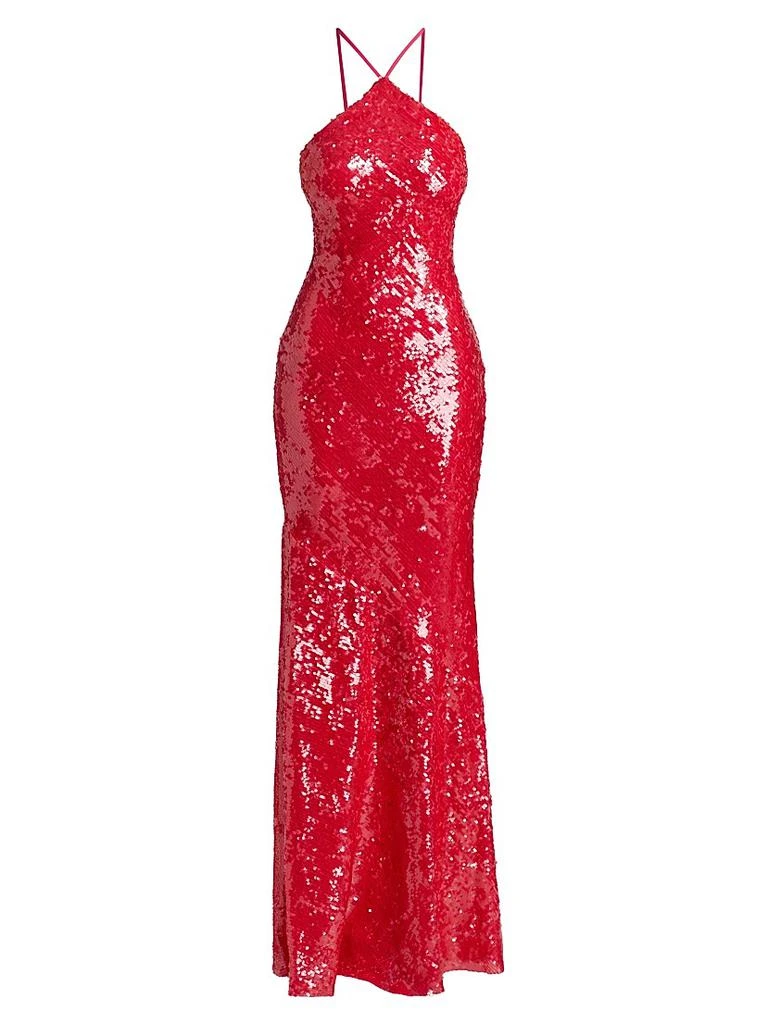 HALSTON Regine Sequined Halter Gown - GUAVA - 10