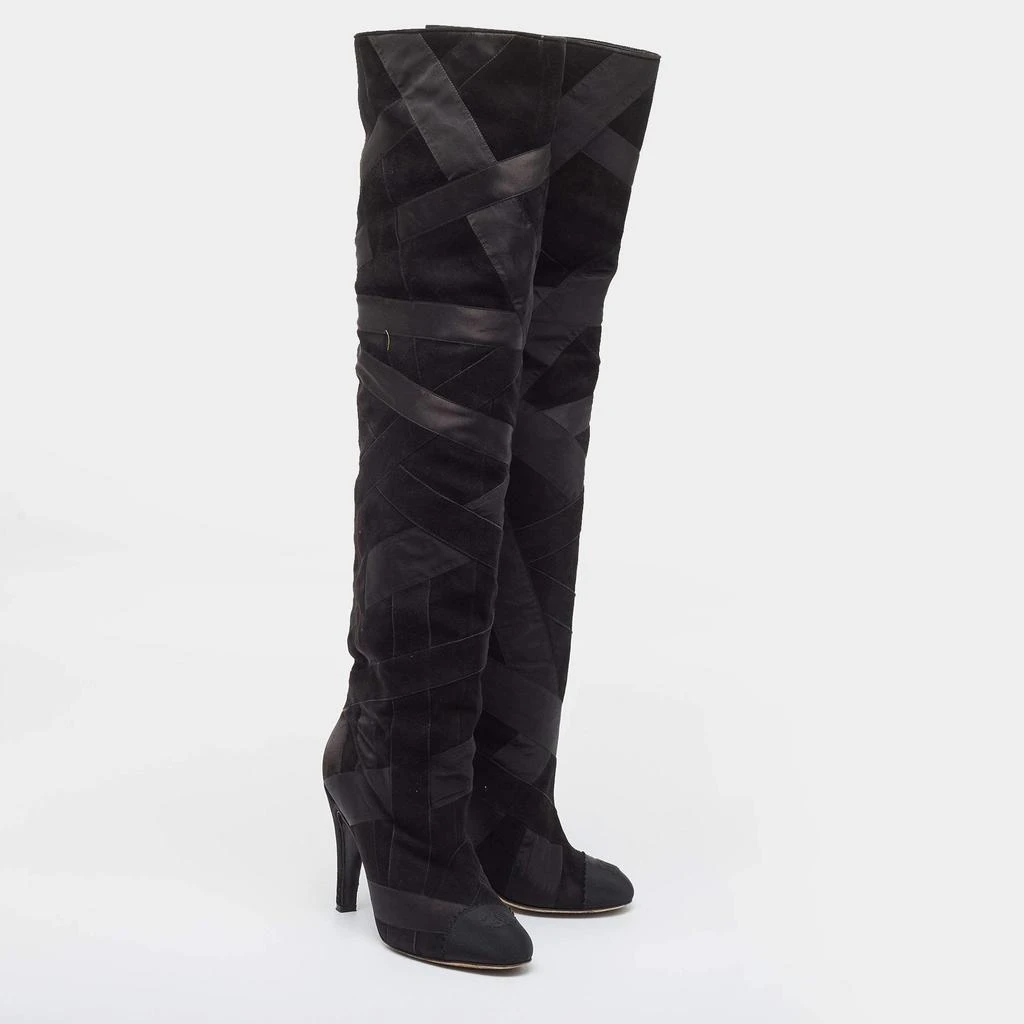 Chanel Chanel Black Suede and Grosgrain CC Cap Toe Knee Length Boots Size 39 4