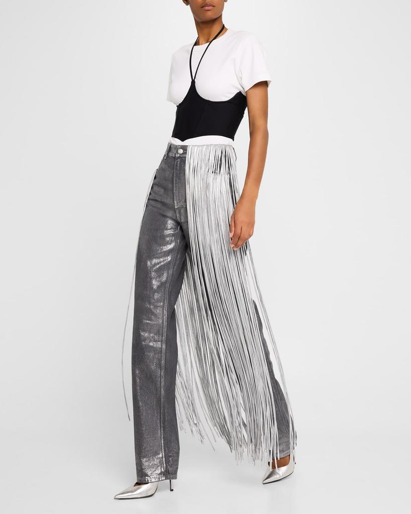 AREA Metallic Fringe Straight Leg Jeans