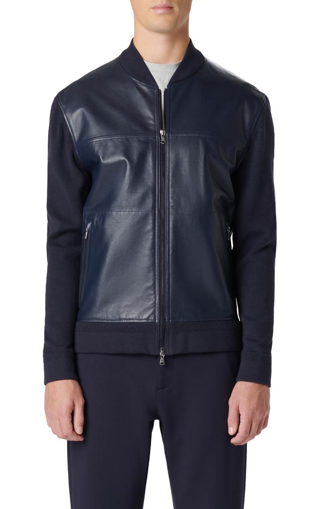 BUGATCHI Leather Front Zip-Up Cotton & Cashmere Cardigan