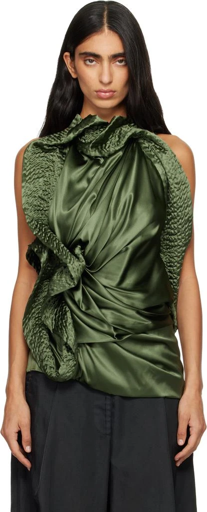 Dries Van Noten Green Draped Silk Blouse 1