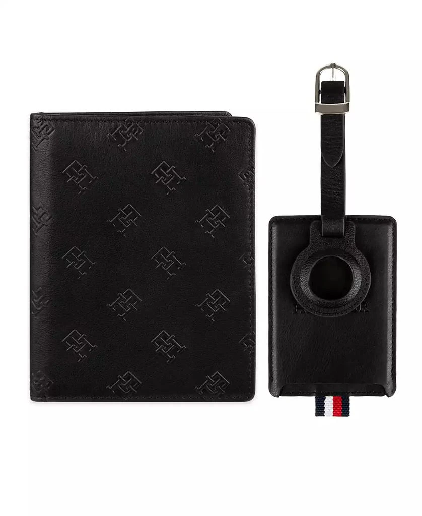 Tommy Hilfiger Men's Embossed Leather Passport Wallet with AirTag Holder Luggage Tag, 2-Piece Set 1